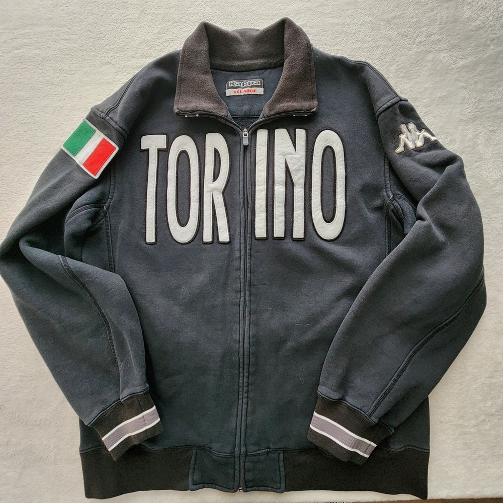 Kappa Torino Track Jacket Mens XXL Black Full Zip Italy Patch Soccer Sport VTG